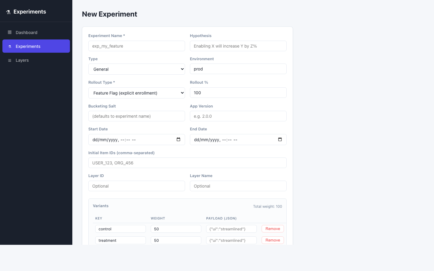 New experiment form